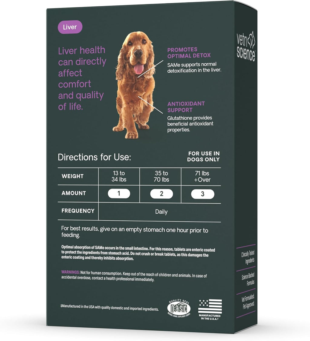 VetriScience SAMe Liver Health Tablets 225 mg – Suplemento Hepático para Perros Medianos y Grandes (30 comprimidos)