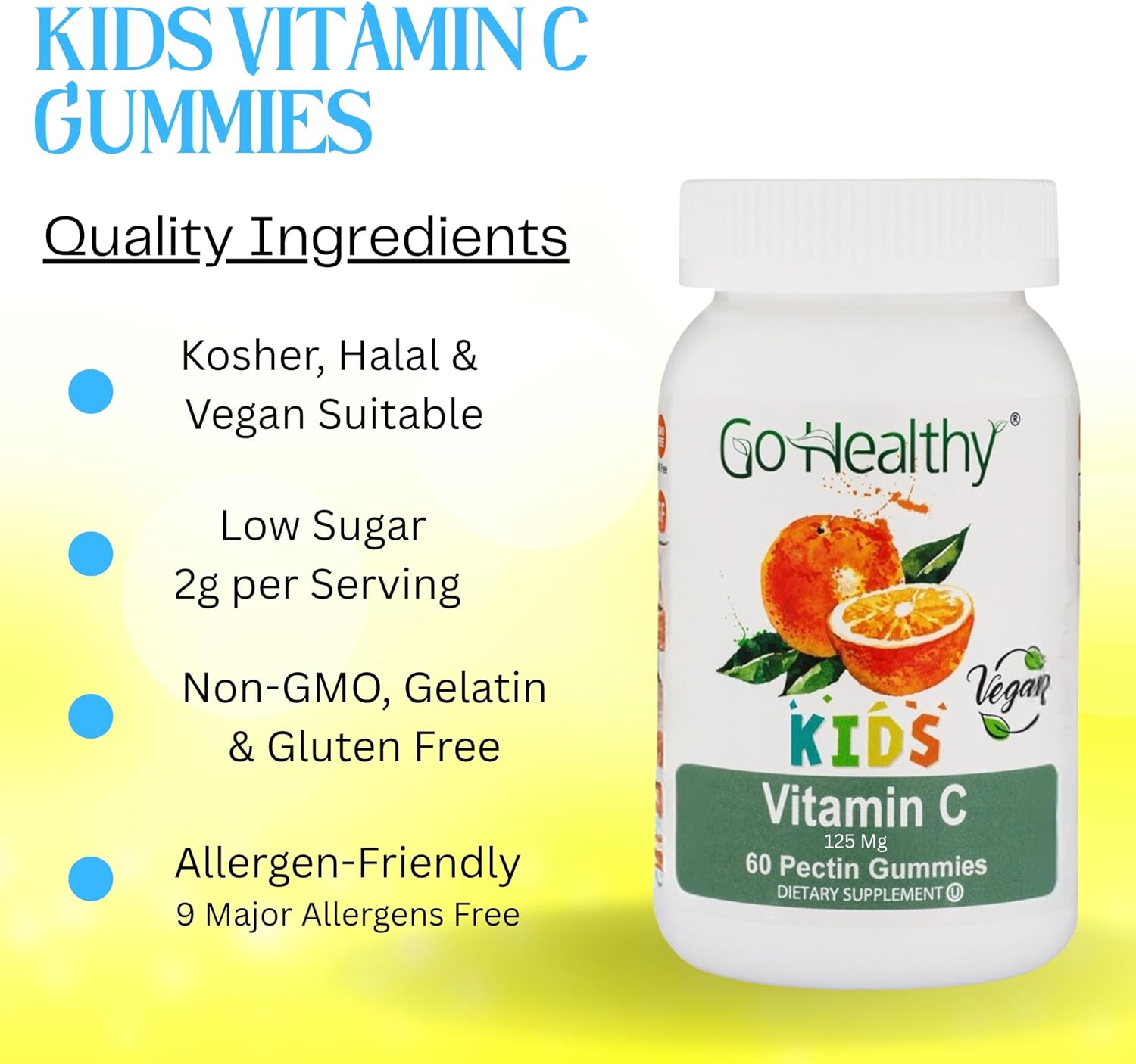 Go Healthy Kids Vitamin C Gummies – Gominolas de Vitamina C para Niños, Sabor Naranja, Veganas, Sin Gelatina, 60 unidades