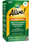 Nature's Way Alive! Multivitamínico de Máxima Potencia Max6 sin Hierro, 90 Cápsulas