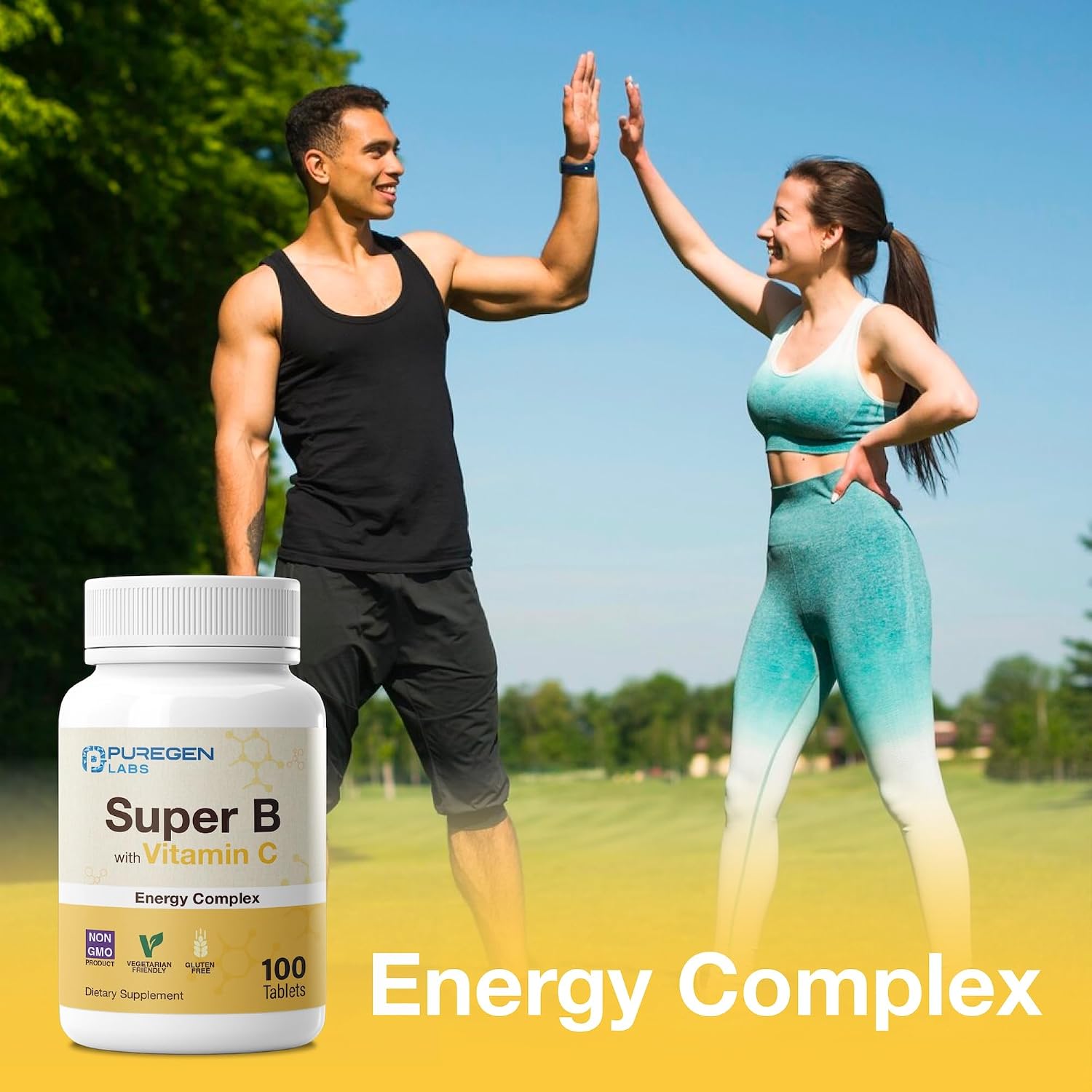 Puregen Labs Super B Energy Complex con Vitamina C - Salud Inmunitaria, Energía y Sistema Nervioso - Sin Gluten, No Transgénico, 100 Comprimidos Vegetales