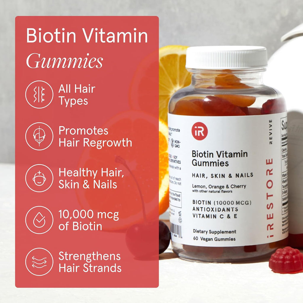 iRestore Biotin Gummies 10,000 mcg - Gominolas de Biotina para Cabello, Piel y Uñas - 60 Gominolas Veganas