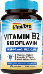 Vitamina B2 400 mg, Riboflavina, Vitamina B Esencial Diaria, Forma Fácilmente Absorbible, con B12, D3, VC, 120 Cápsulas