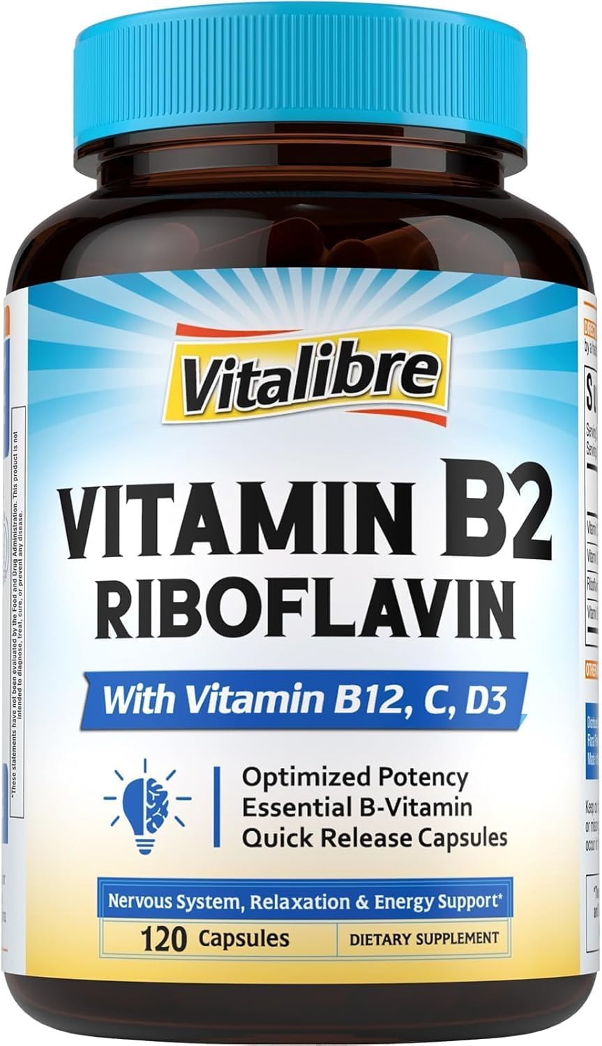 Vitamina B2 400 mg, Riboflavina, Vitamina B Esencial Diaria, Forma Fácilmente Absorbible, con B12, D3, VC, 120 Cápsulas