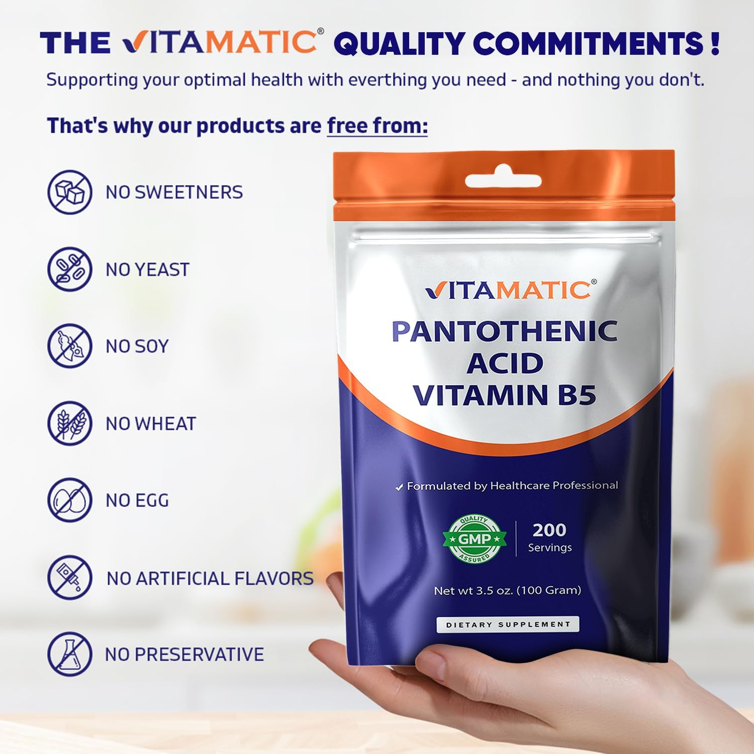 Vitamatic Ácido Pantoténico en Polvo Puro 500 mg por Ración - 100 Gramos - Vitamina B5 - 200 Raciones