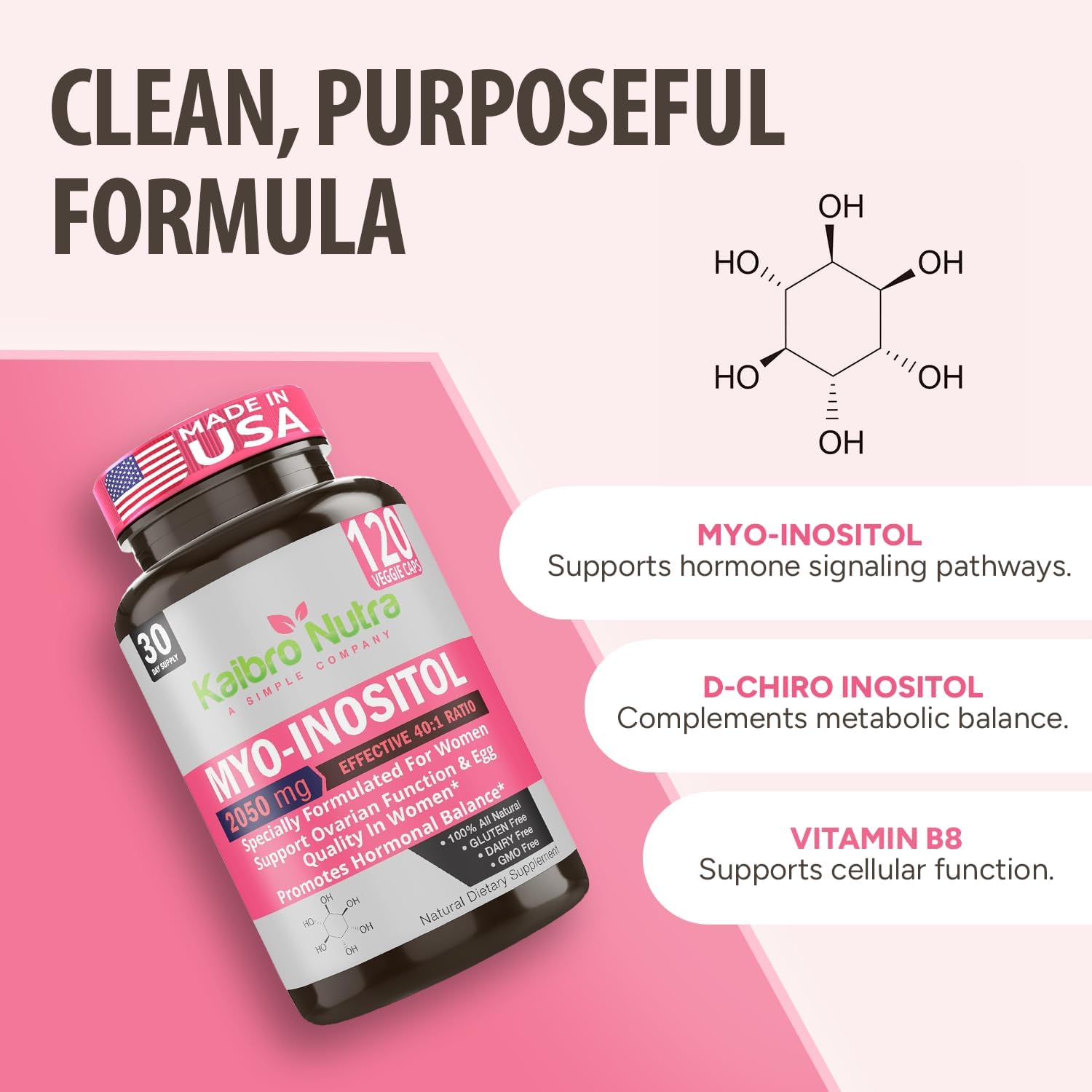 Kaibro Nutra Myo-Inositol con D-Chiro Inositol 40:1, 2050mg, Cápsulas Veganas, 120 Unidades