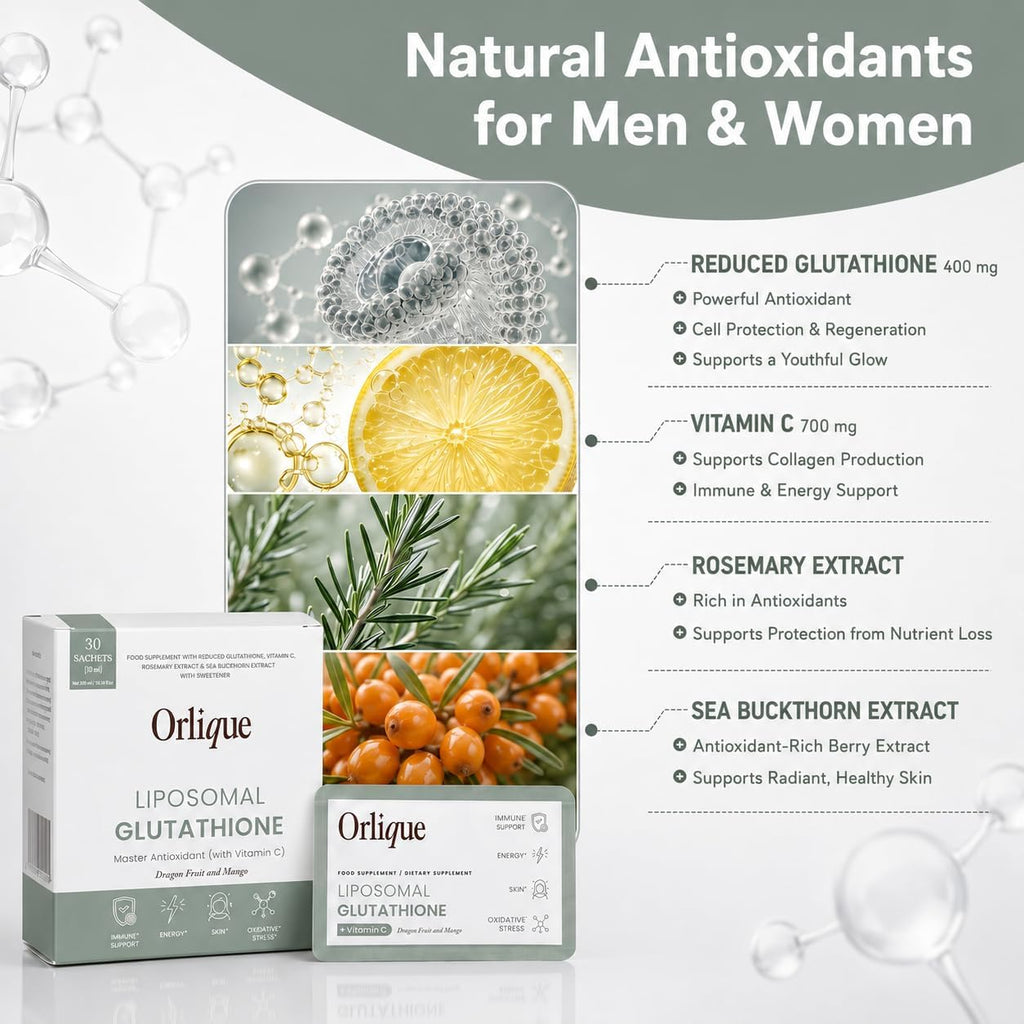 Orlique Liposomal Glutathione Supplement with Vitamin C | High-Potency Antioxidant for Immune Support, Cellular Protection, Detox & Energy | Vegan, Sugar-Free | Mango Dragon Fruit | 30 Sachets, 400mg