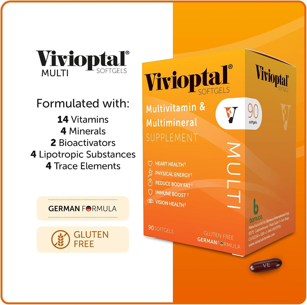 Vivioptal Multi, 90 Cápsulas Blandas, Multivitamínico y Multimineral, Sin Gluten, Fórmula Alemana