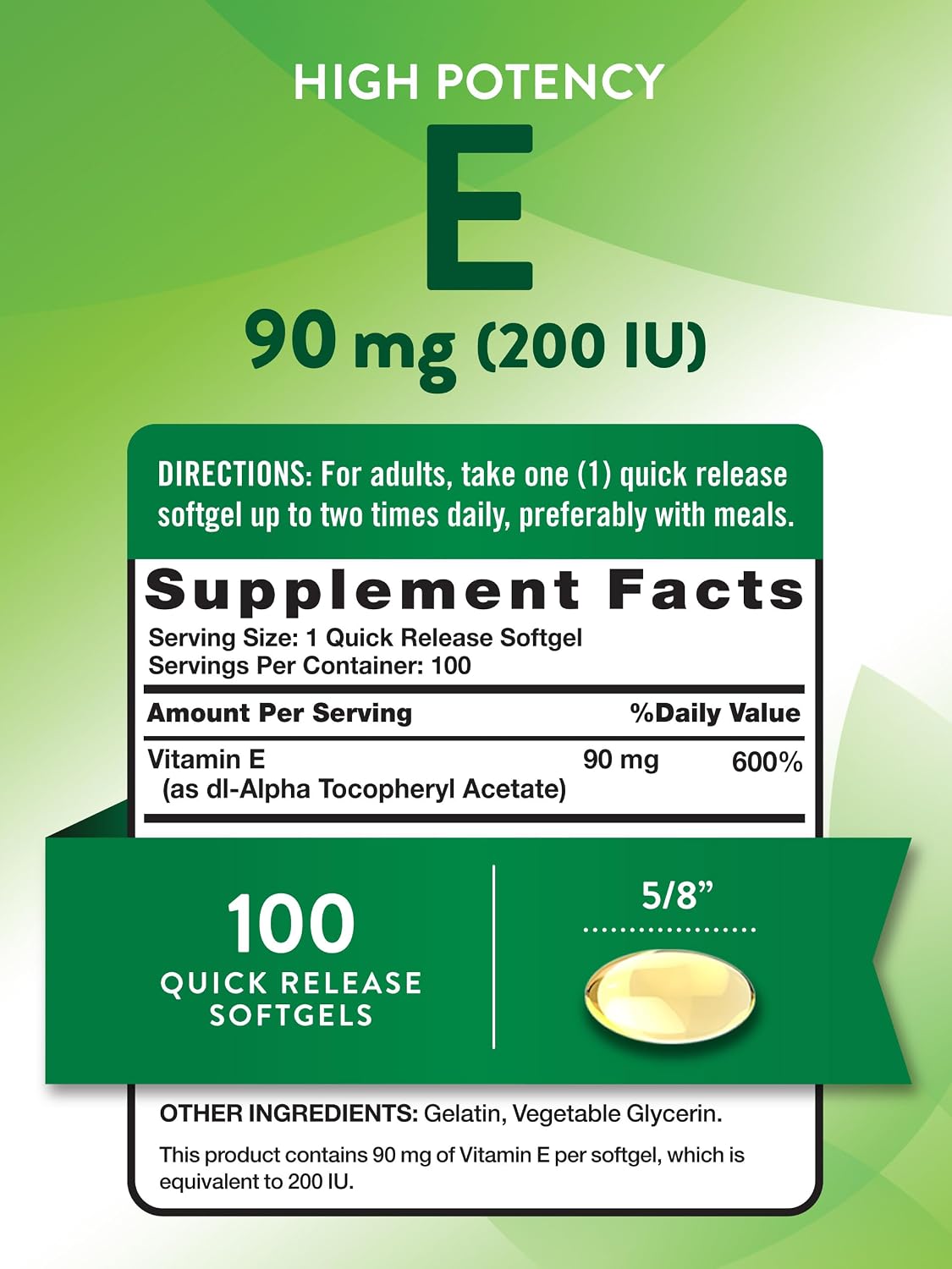 Nature's Truth Vitamina E 200 UI, 100 Cápsulas Blandas - Sin Gluten y No Transgénico