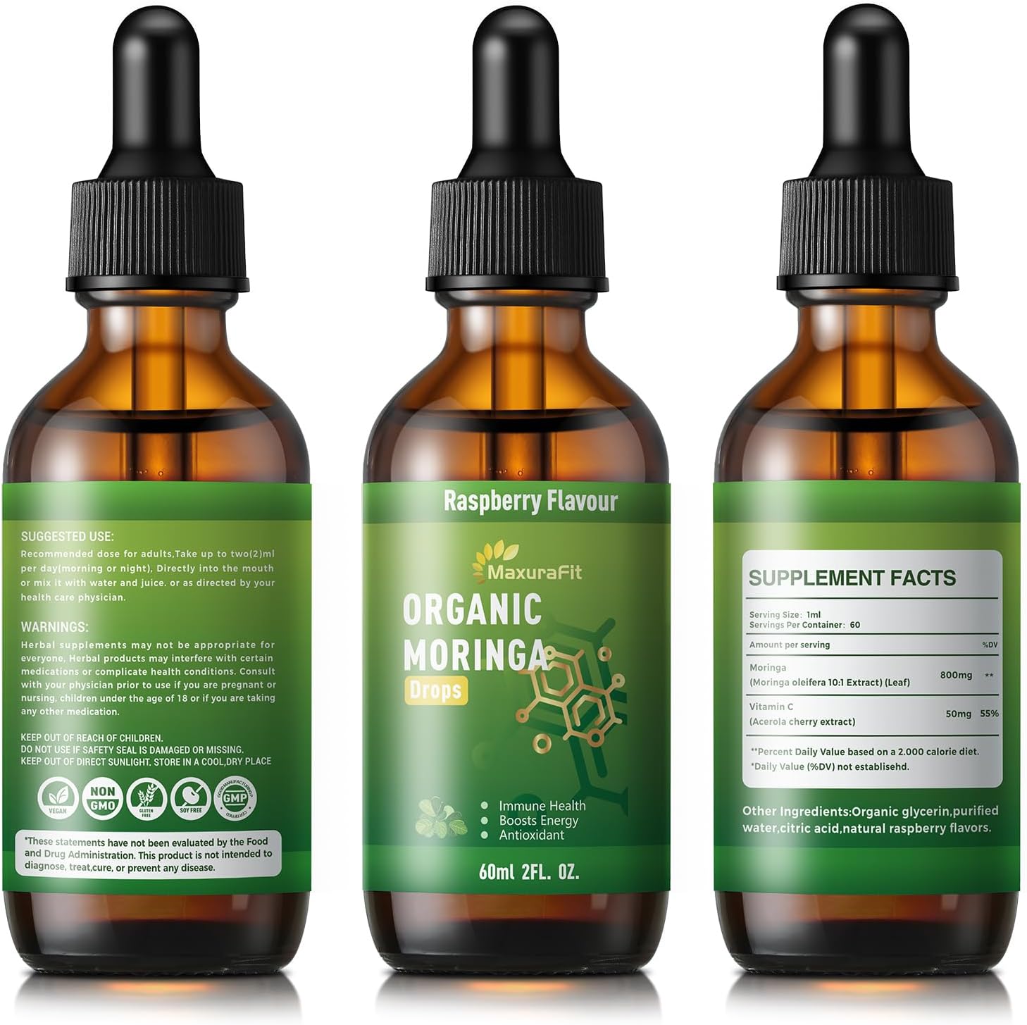 MaxuraFit Moringa Leaf Drops with Vitamin C, Extracto Líquido de Moringa Oleifera con Vitamina C, 60 ml (2 fl oz)