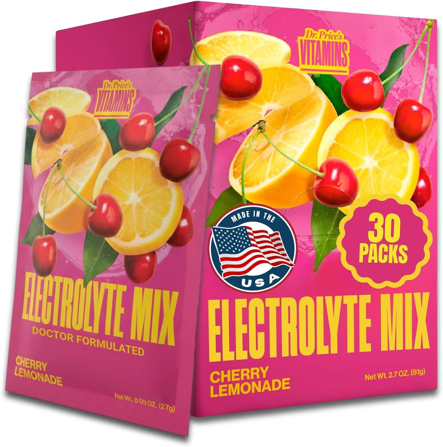 Dr. Price's Electrolytes Cherry Lemonade - 30 Sobres de Hidratación en Polvo Sin Azúcar