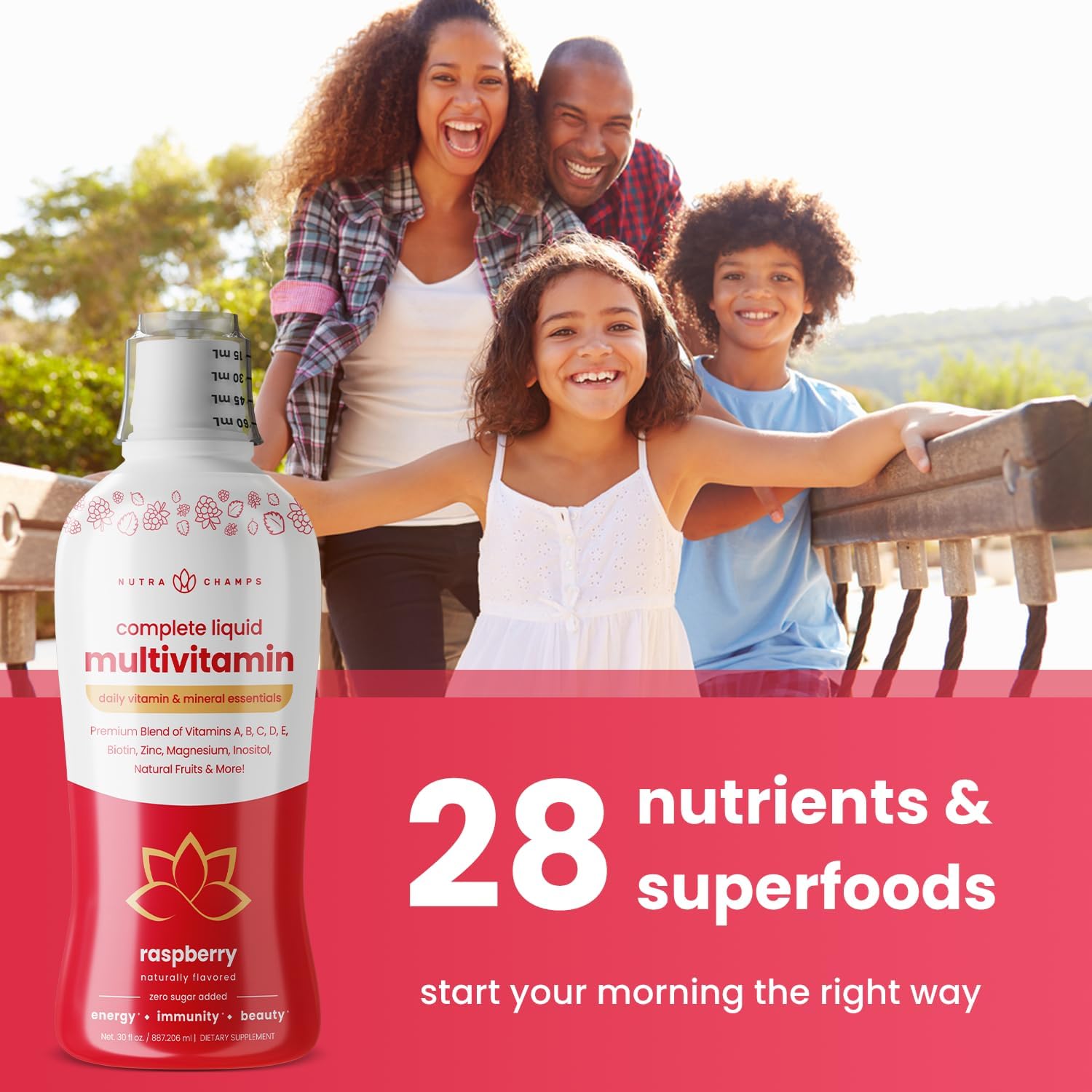 NutraChamps Complete Liquid Multivitamins | Sin Azúcar Añadido | Vitaminas para Mujeres, Hombres y Niños | Suplemento Multivitamínico Líquido Vegano | Energía, Inmunidad y Belleza