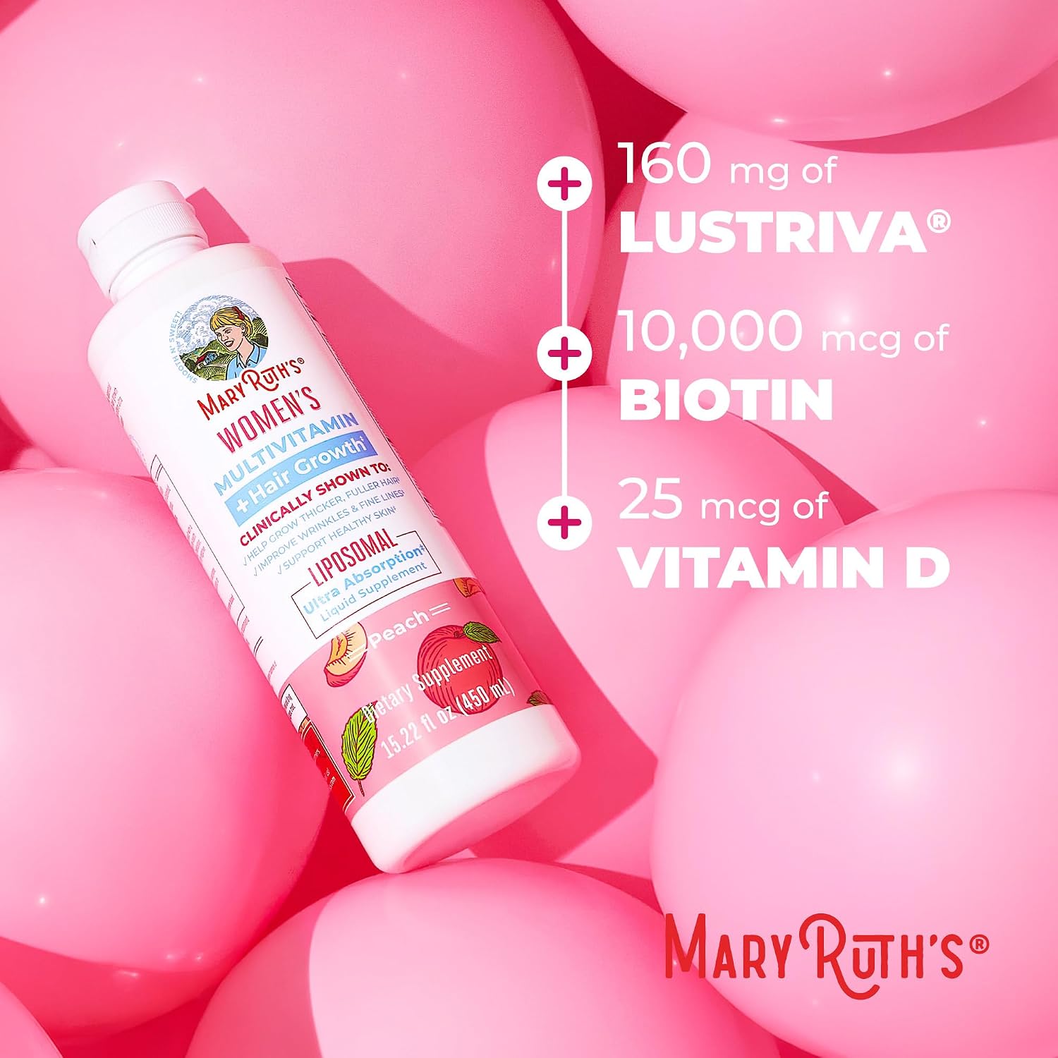 MARYRUTH'S Multivitamínico Femenino + Lustriva Crecimiento Capilar Liposomal | Biotina 10000mcg | Probado Clínicamente para un Cabello más Grueso y una Piel más Lisa | 15.22 Fl Oz