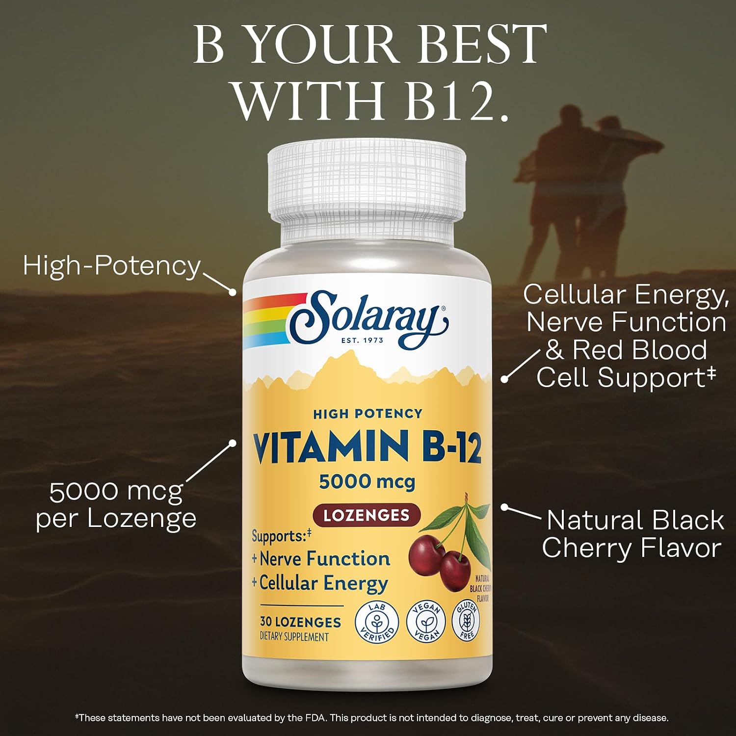 Solaray Vitamin B-12 5000 mcg Chewable Tablets - Methylcobalamin, Natural Cherry Flavor, 30 Tablets