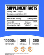 Vitamina D3 + K2 10000 UI - 360 Cápsulas Blandas para la Salud Ósea e Inmunitaria