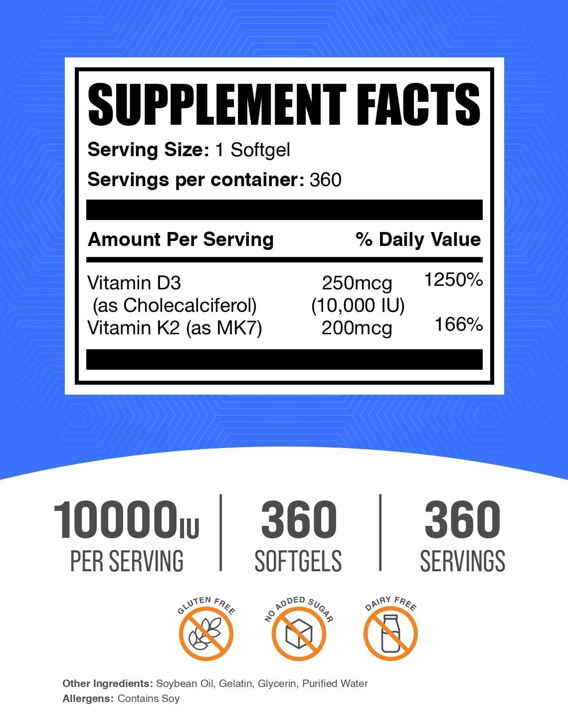 Vitamina D3 + K2 10000 UI - 360 Cápsulas Blandas para la Salud Ósea e Inmunitaria