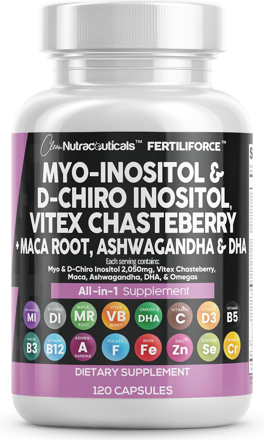 Clean Nutraceuticals Myo-Inositol y D-Chiro Inositol 2050mg - Suplemento de Fertilidad 40:1 - Vitaminas Prenatales con Ashwagandha, Maca, Vitex, Hierro, DHA, Ácido Fólico, DIM, Zinc