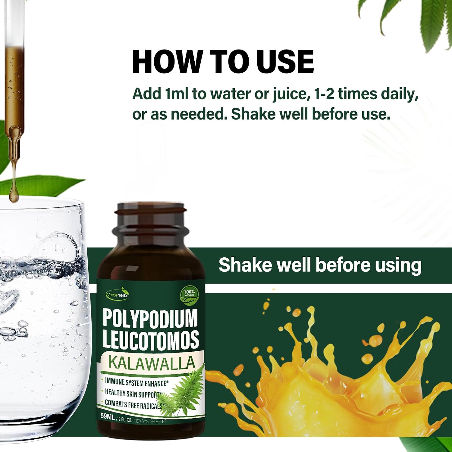 Polypodium leucotomos Immune Support Drops, Herbal Extract Immunity Boost Supplement for Skin Health. Calaguala para Proteger la Piel. 2oz