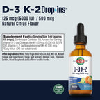 KAL D3 K2 DropIns 125/500 mcg - Suplemento Líquido de Vitamina D3 y K2 - Sabor Cítrico Natural - 59 ml