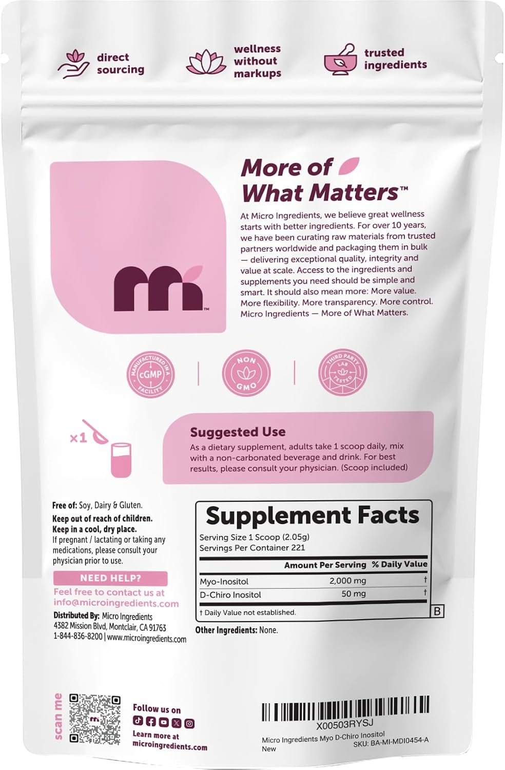 Micro Ingredients Myo-Inositol y D-Chiro Inositol en Polvo, Proporción 40:1, 1 Libra (454 g), 221 Dosis