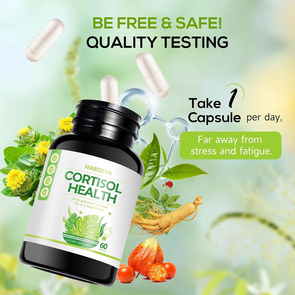 Suplemento de Control de Cortisol 15 en 1 con Magnesio Glicinato, L-Teanina, Ashwagandha y Rhodiola Rosea – 60 Cápsulas