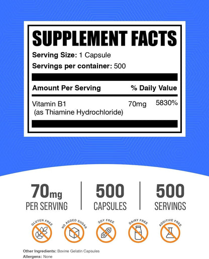 BulkSupplements Tiamina HCl Cápsulas - 500 – Energía para tu día a día: Este suplemento de vitamina B1 está – Image 2