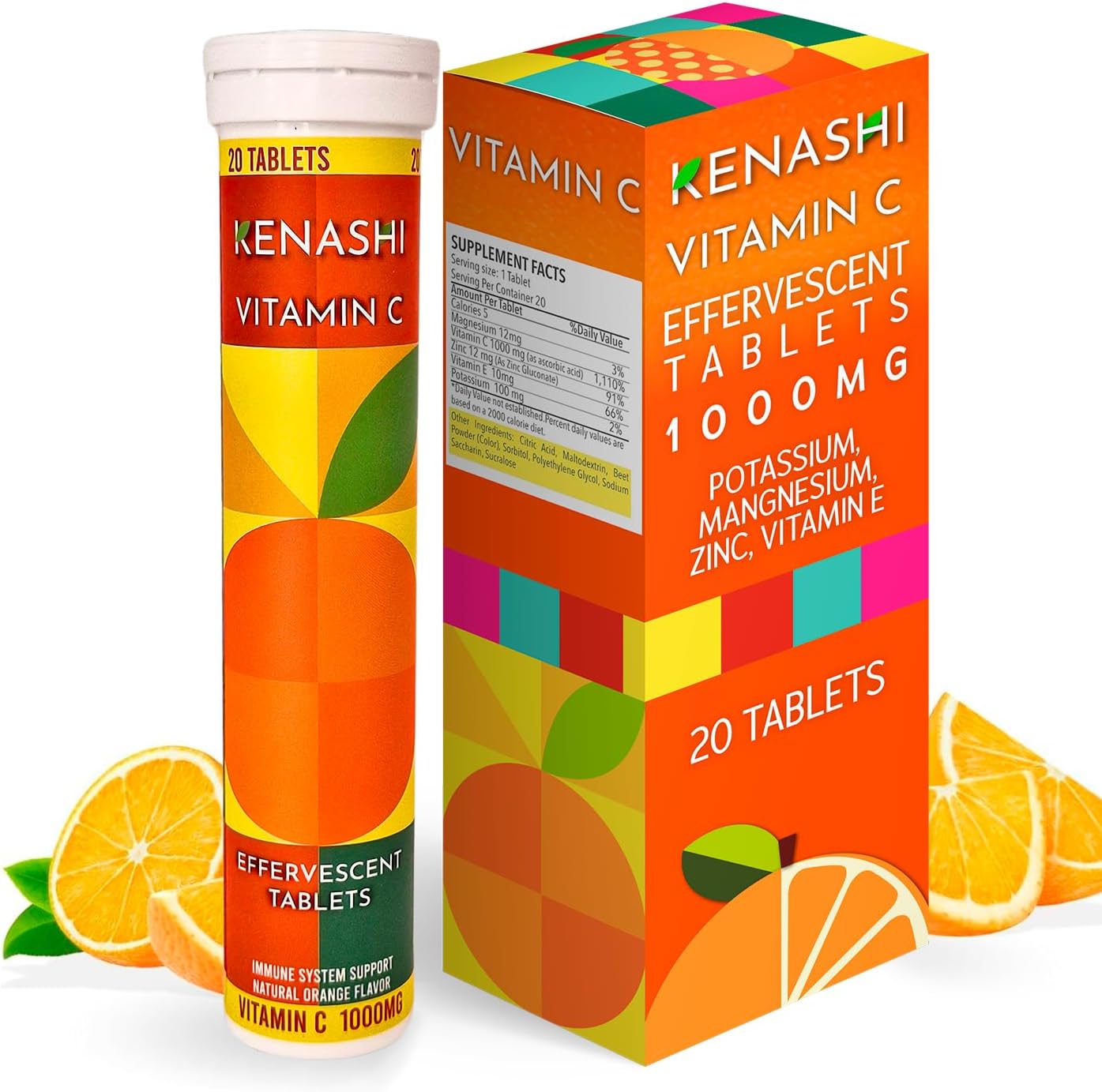 Kenashi Vitamina C 1000mg Efervescente con Zinc, Potasio, Magnesio y Vitamina E - 20 Comprimidos