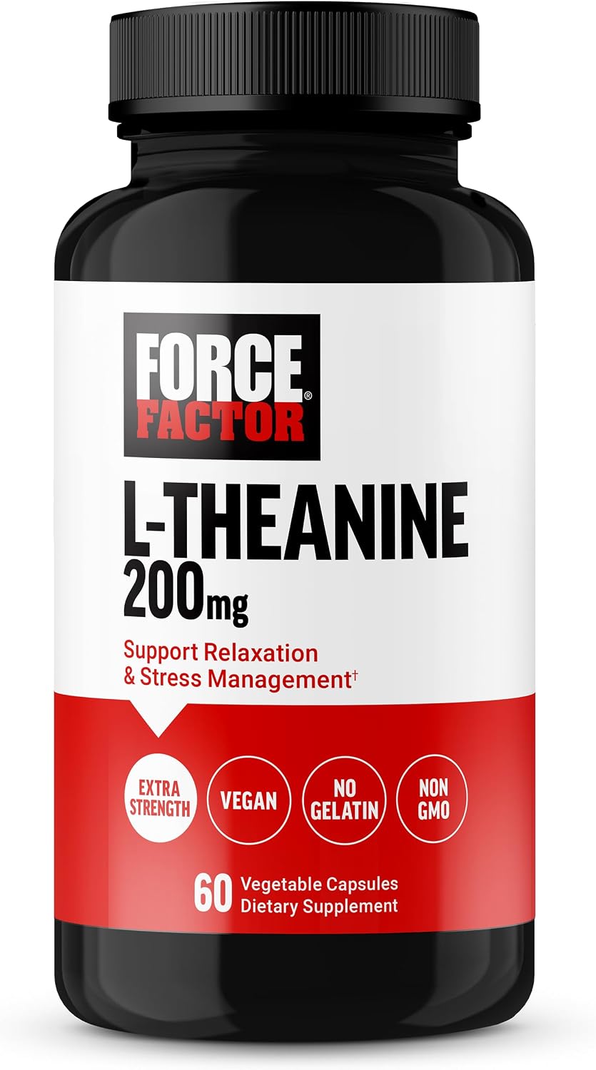 Force Factor L-Teanina 200mg, Suplemento Extra Fuerte para el Alivio del Estrés y la Relajación, Vegano, Sin OGM, 60 Cápsulas Vegetales