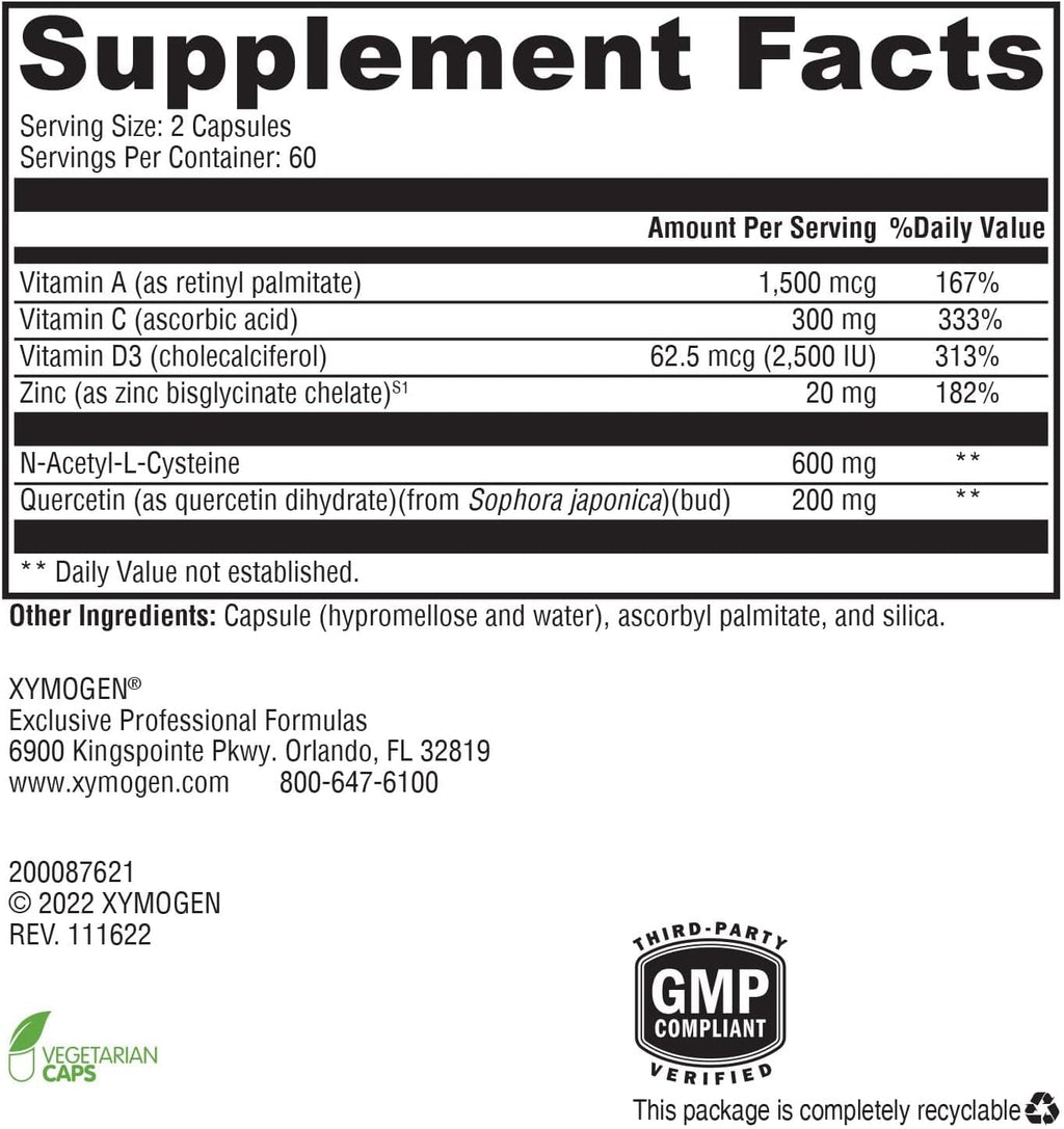 XYMOGEN Immune Essentials Daily - Vitamina C, Zinc y Quercetina - Apoyo Inmunológico Diario, Antioxidante y Respiratorio - 120 Cápsulas