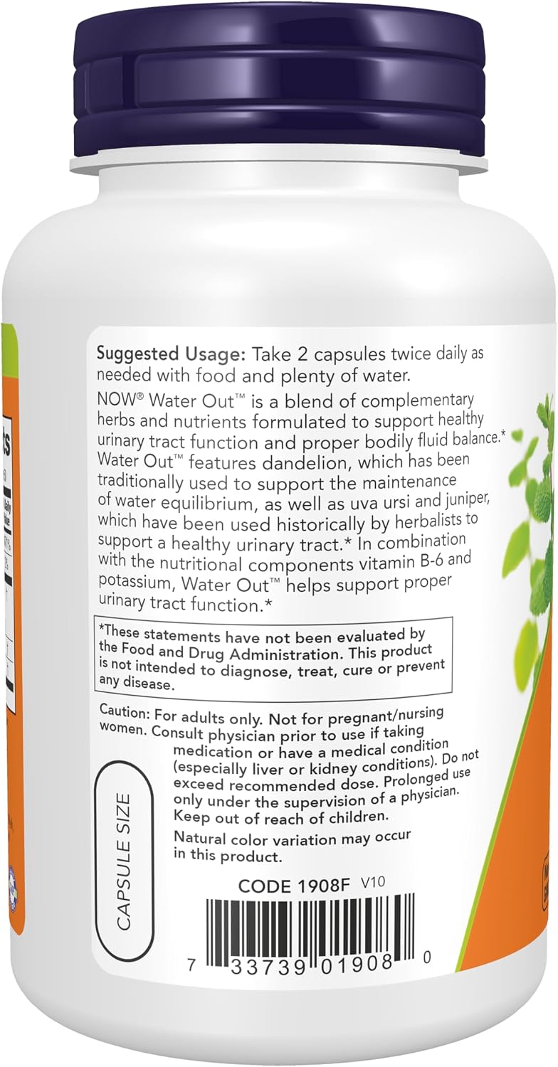 NOW Foods Water Out con Uva Ursi, Diente de León, Potasio y Vitamina B-6 - 100 Cápsulas Vegetales