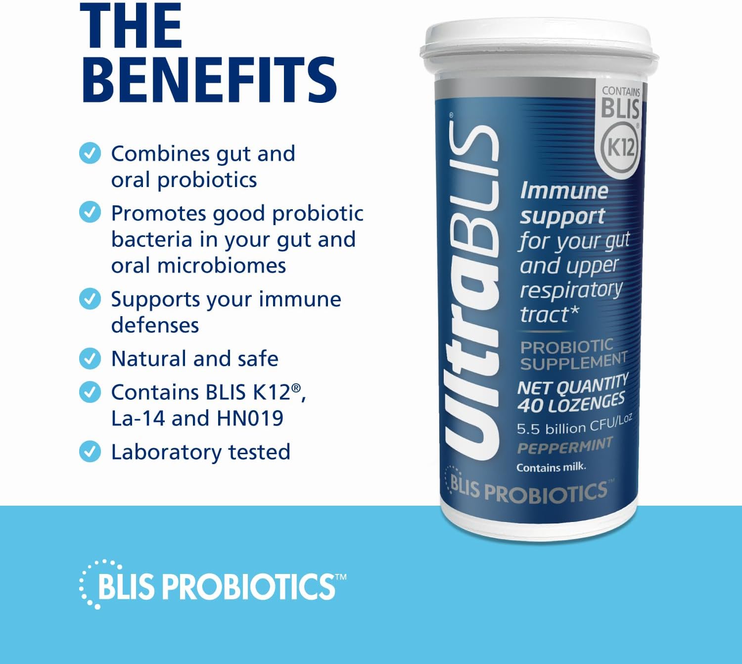 BLIS UltraBLIS Probióticos Orales K12 - Salud Inmune y Digestiva - 40 Pastillas sabor menta