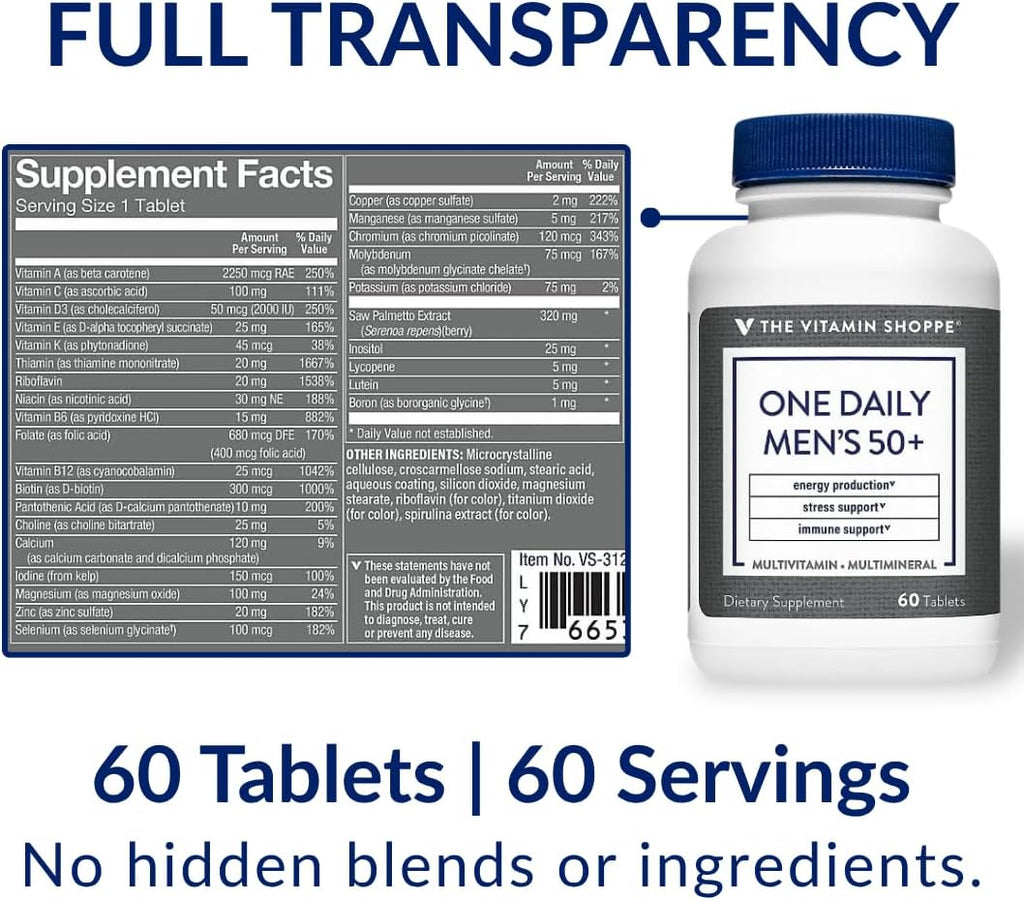 The Vitamin Shoppe Multivitamínico Multimineral Diario para Hombres de 50+, 60 Comprimidos