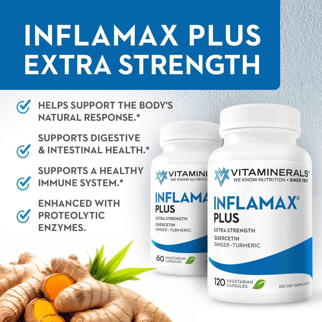 Vitaminerals® 121+ Inflamax® Plus | Quercetina | Enzimas Proteolíticas | Jengibre | Cúrcuma | 120 Cápsulas Vegetales