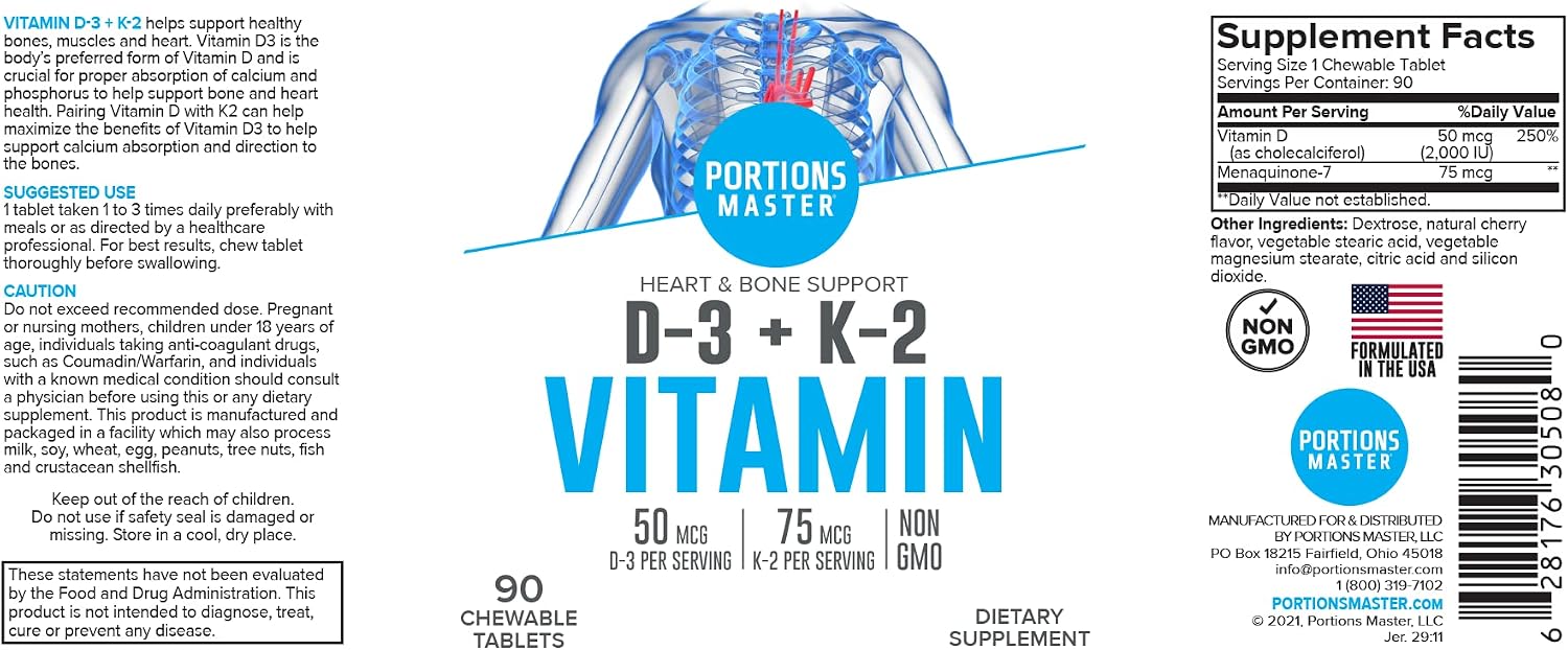 Portions Master Vitamina D3 5000 UI + K2 MK-7, 60 Cápsulas - Salud Ósea y Cardiovascular