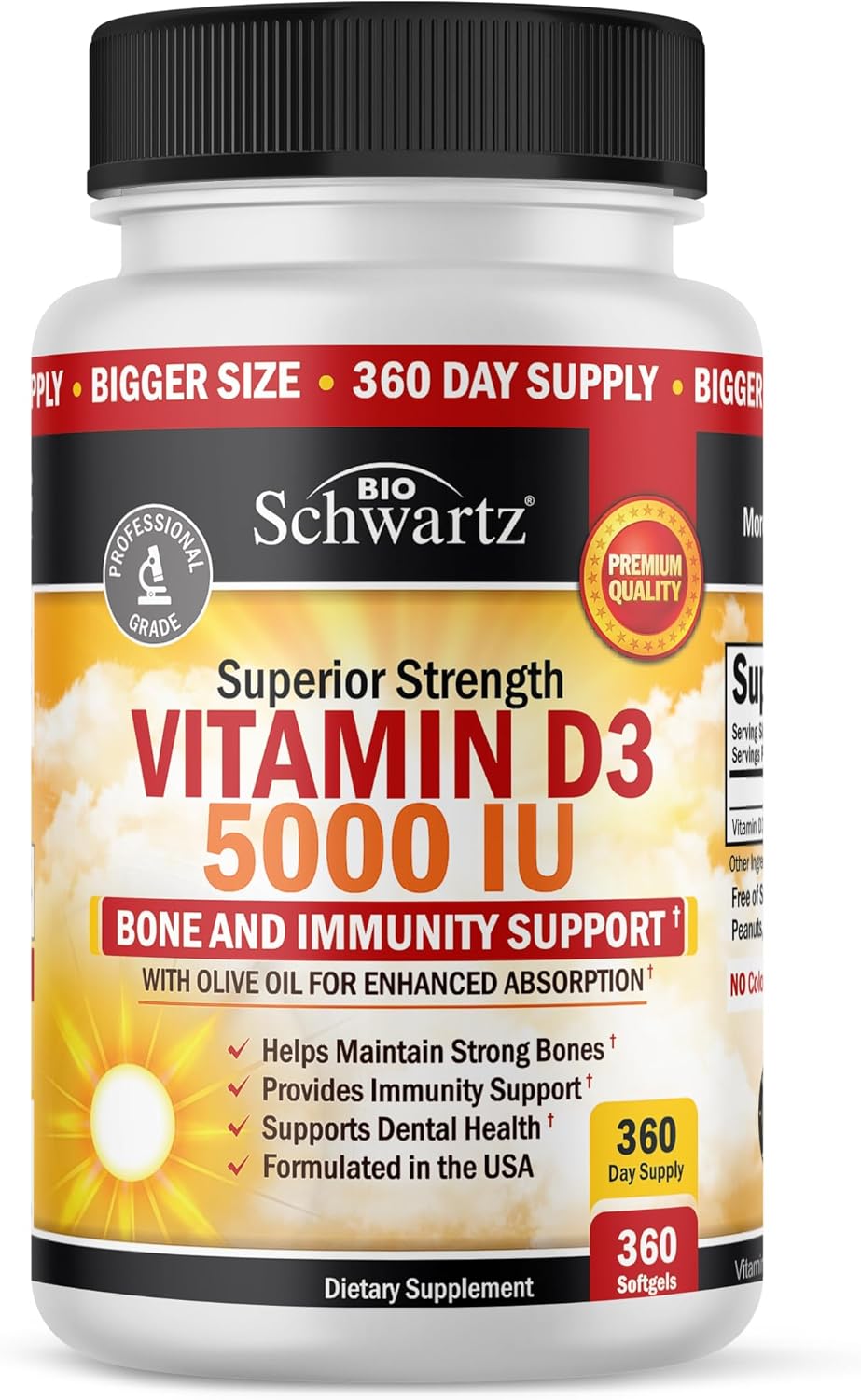 BioSchwartz Vitamina D3 5000 IU - 360 Cápsulas Blandas con Aceite de Oliva