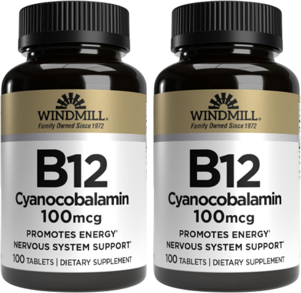 Windmill Vitamin B12 100 mcg Tablets (2 Bottles of 100 Tablets)