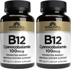 Windmill Vitamin B12 100 mcg Tablets (2 Bottles of 100 Tablets)