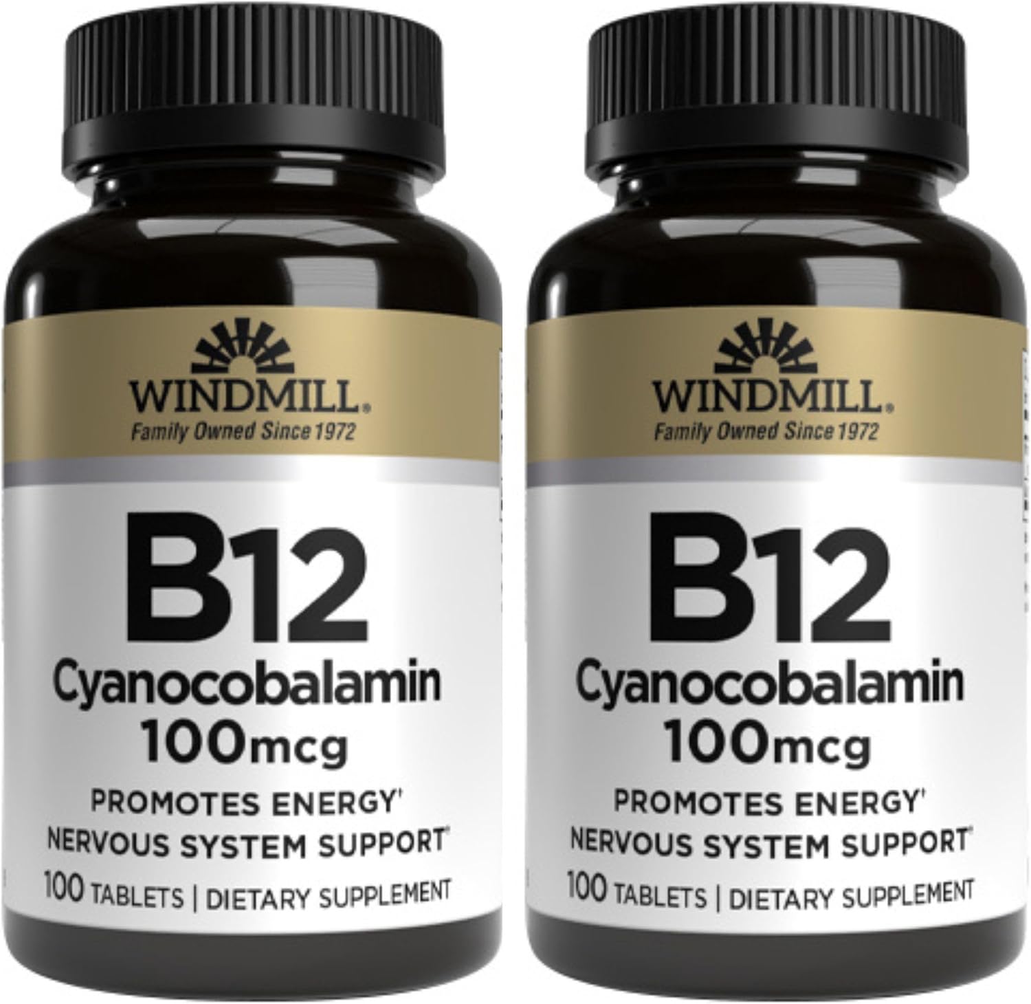 Windmill Vitamin B12 100 mcg Tablets (2 Bottles of 100 Tablets)