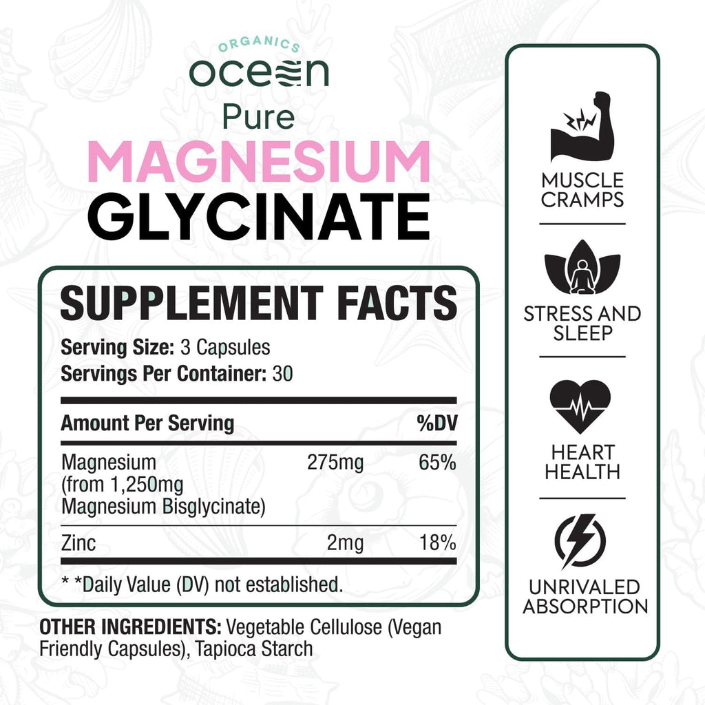 Organics Ocean Magnesio Glicinato Puro con Zinc - Suplemento de Magnesio Quelado de Máxima Potencia para Mujeres y Hombres, Ayuda contra Calambres Musculares y Favorece el Sueño - 6 Frascos