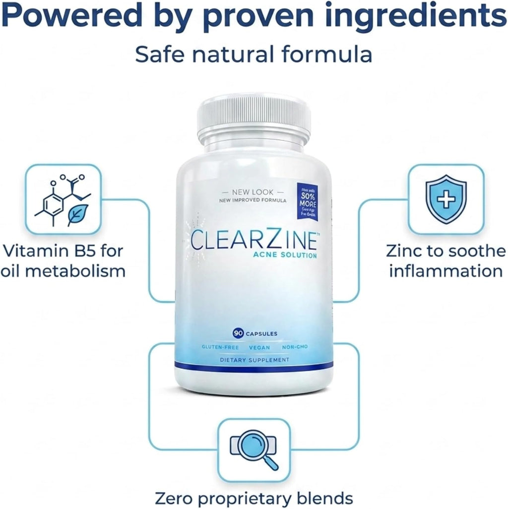 ClearZine Acne Pills - Suplemento para el acné (2 frascos, 90 cápsulas cada uno)