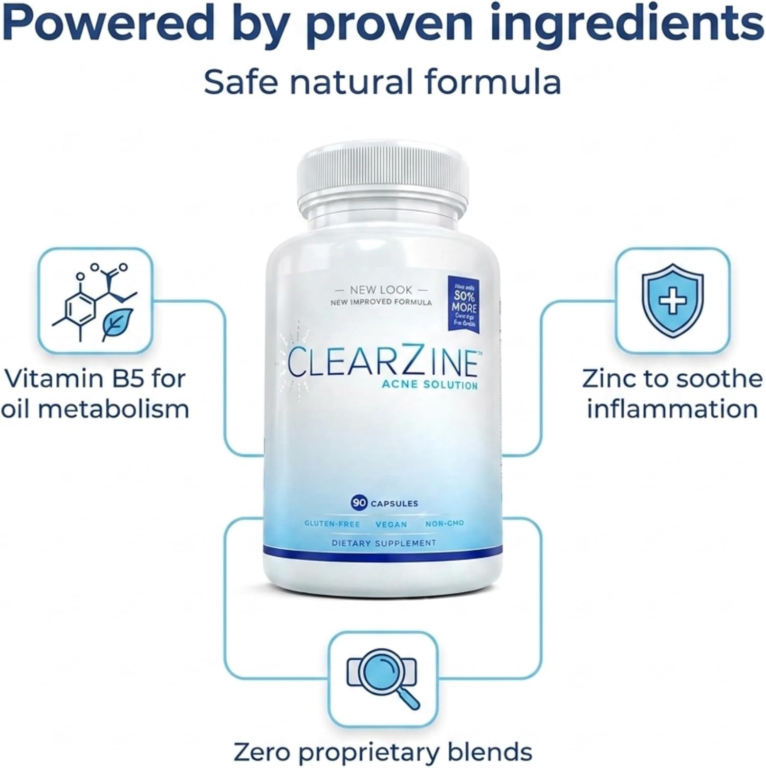 ClearZine Acne Pills - Clear Skin Supplement, 2 Bottles of 90 Capsules