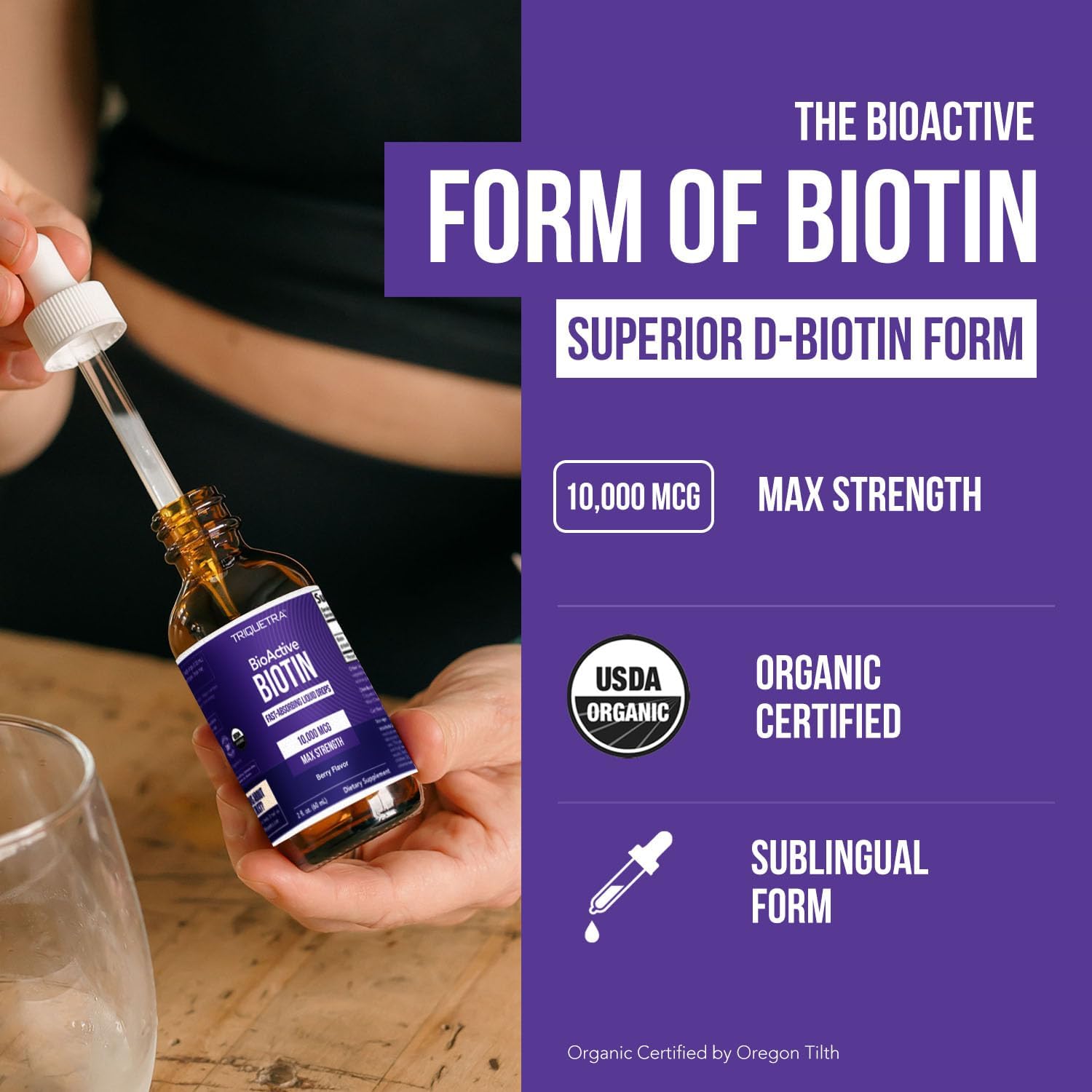 Biotina Líquida 10.000 mcg – Gotas Sublinguales – Sabor Natural a Bayas – 180 Servicios (59 ml)