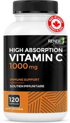 RENEW ACTIVES Maximum Strength Vitamina C 1000 mg por ración – Antioxidante y Refuerzo Inmunitario – No-GMO, Sin Azúcar, 120 Cápsulas – Hecho en Canadá