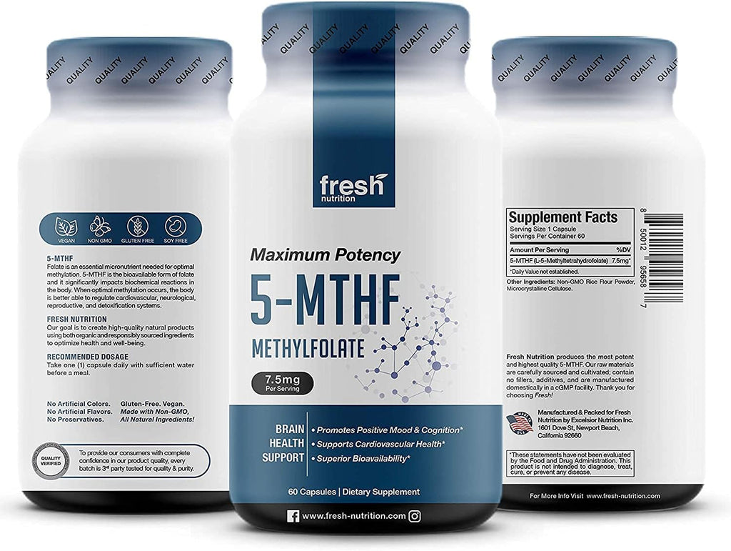 Fresh Nutrition L-Metilfolato 7,5 mg – 60 Cápsulas Veganas – Forma Activa de Ácido Fólico