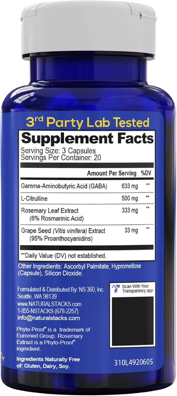 GABA Brain Food - Suplemento con L-Citrulina y Extracto de Semilla de Uva - Apoya la Calma y la Relajación - 120 Cápsulas