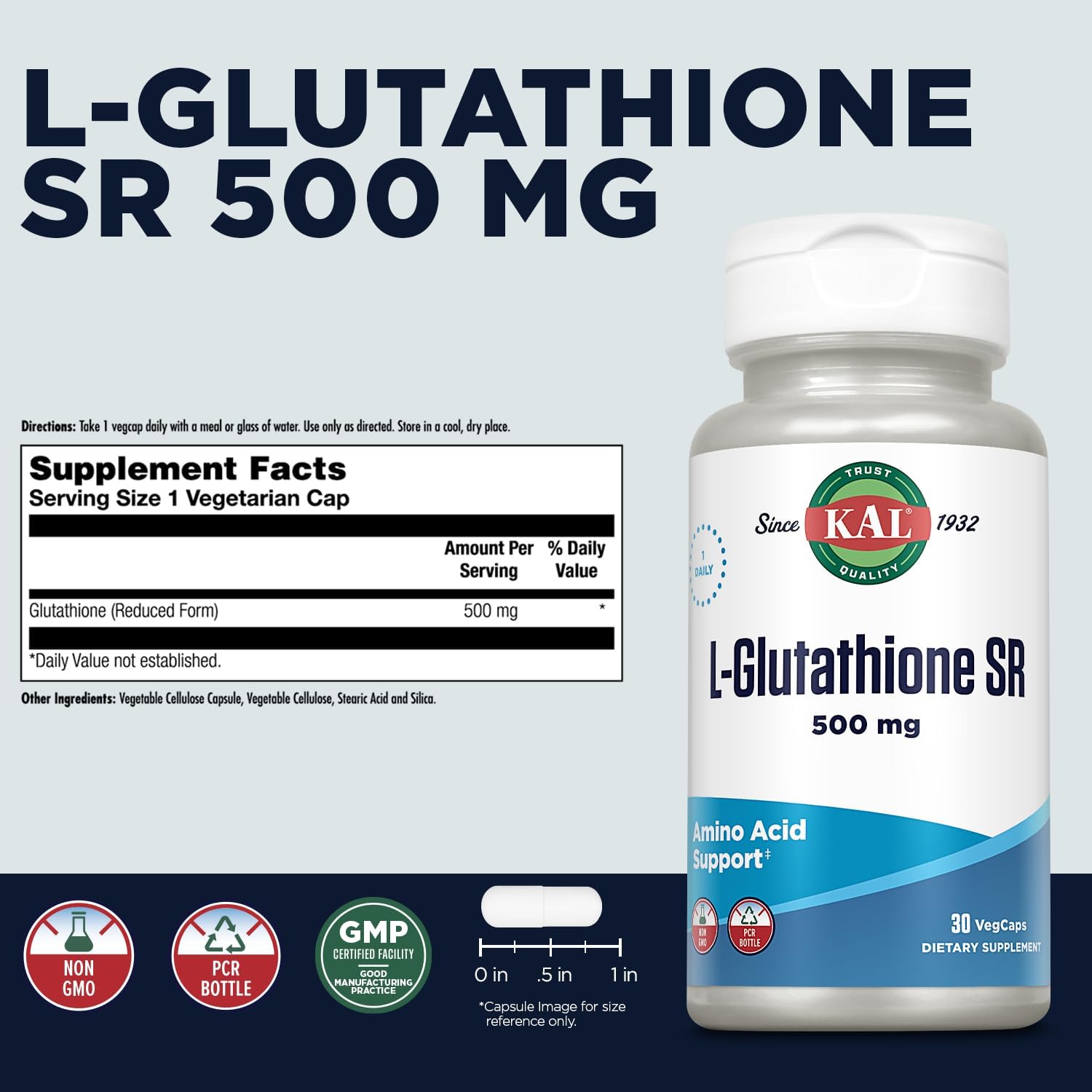 KAL L-Glutatión SR 500 mg - 30 Cápsulas Veganas - Glutatión Reducido con Liberación Sostenida