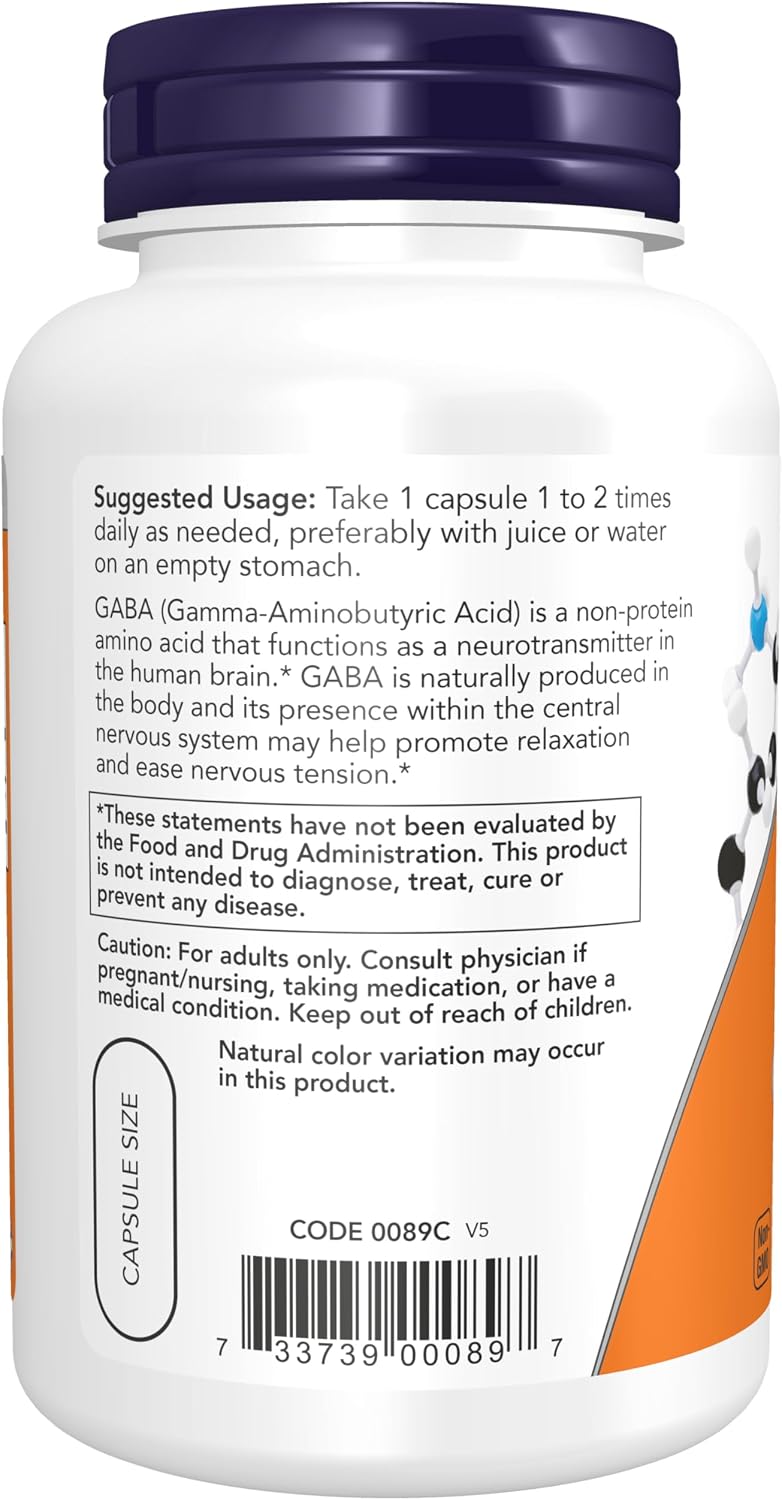 GABA (Gamma-Aminobutyric Acid) 750mg, 100 Cápsulas Veganas - NOW Foods