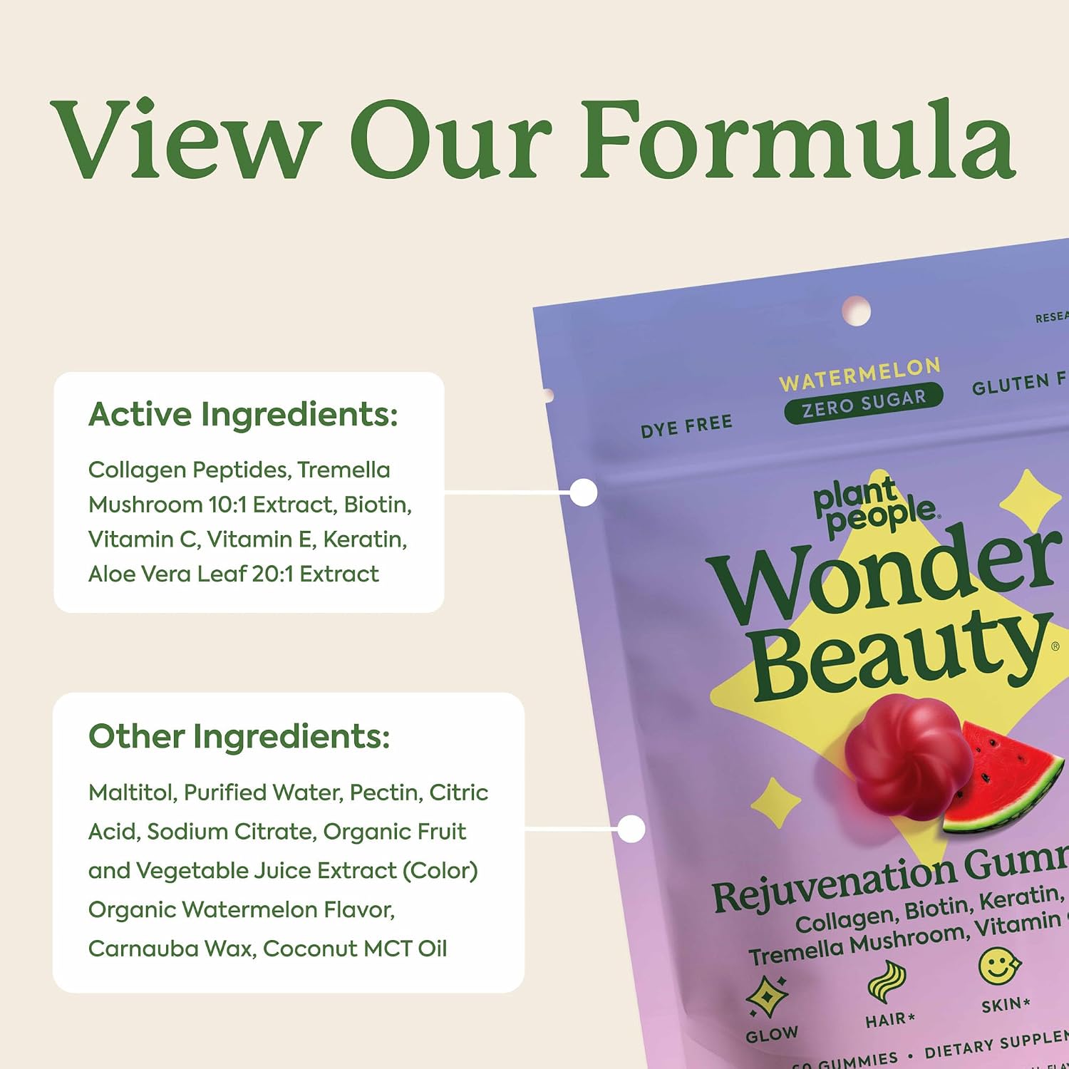 Plant People WonderBeauty Gomitas para Cabello, Piel y Uñas con Seta Tremella, Péptidos de Colágeno, Queratina y Biotina – Sabor Sandía, 60 Gomitas