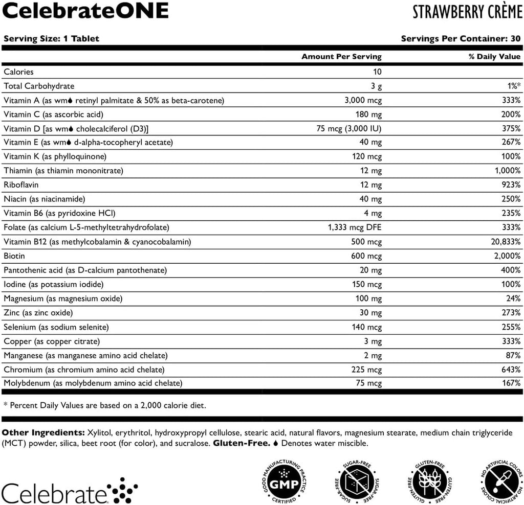 CelebrateONE Chewables Iron Free - Multivitamínico Bariátrico Masticable - Sabor Fresa Crema (30 tabletas)