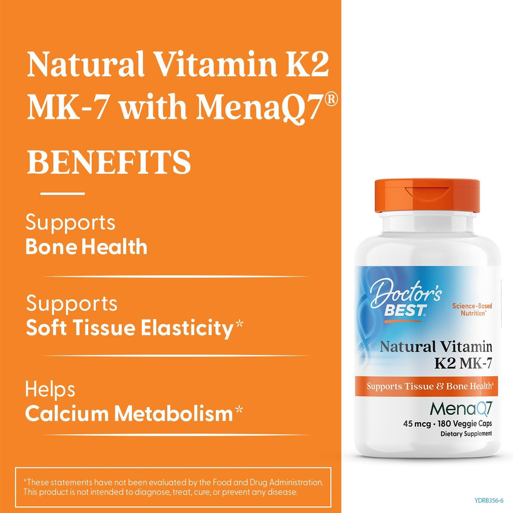 Doctor's Best Vitamina K2 MK7 con MenaQ7 - 45 mcg, 180 Cápsulas Veganas