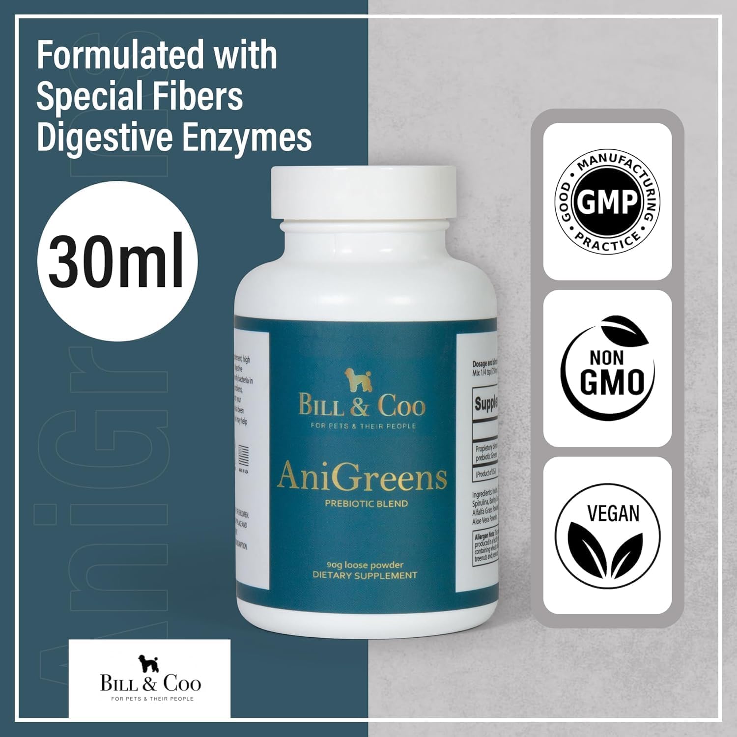 BILL & COO Anigreens Probióticos para Perros y Gatos en Polvo, 90g